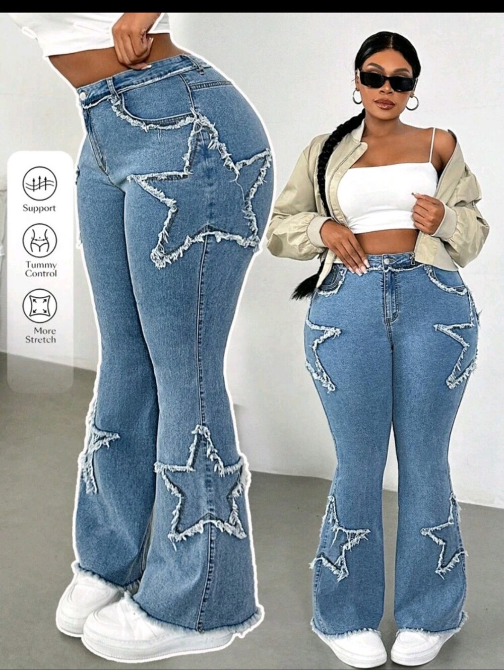 PLUS SIZE Frayed Star High-Waist Flare Jeans - Blue. SIZE 18/3XL